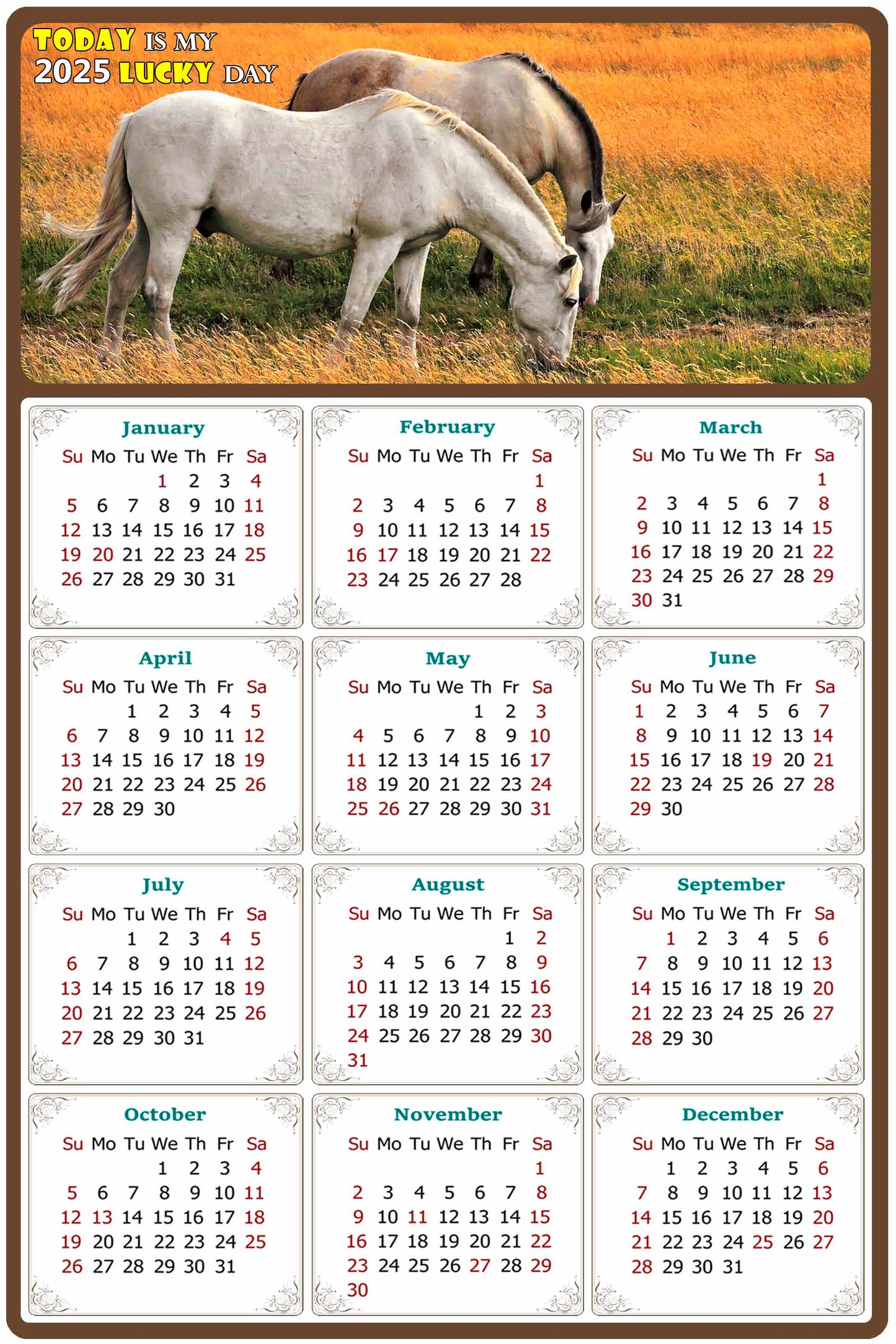 2025 Magnetic Calendar - Calendar Magnets - Today is my Lucky Day - (Fade, Tear, and Water Resistant) - Horses Themed 013