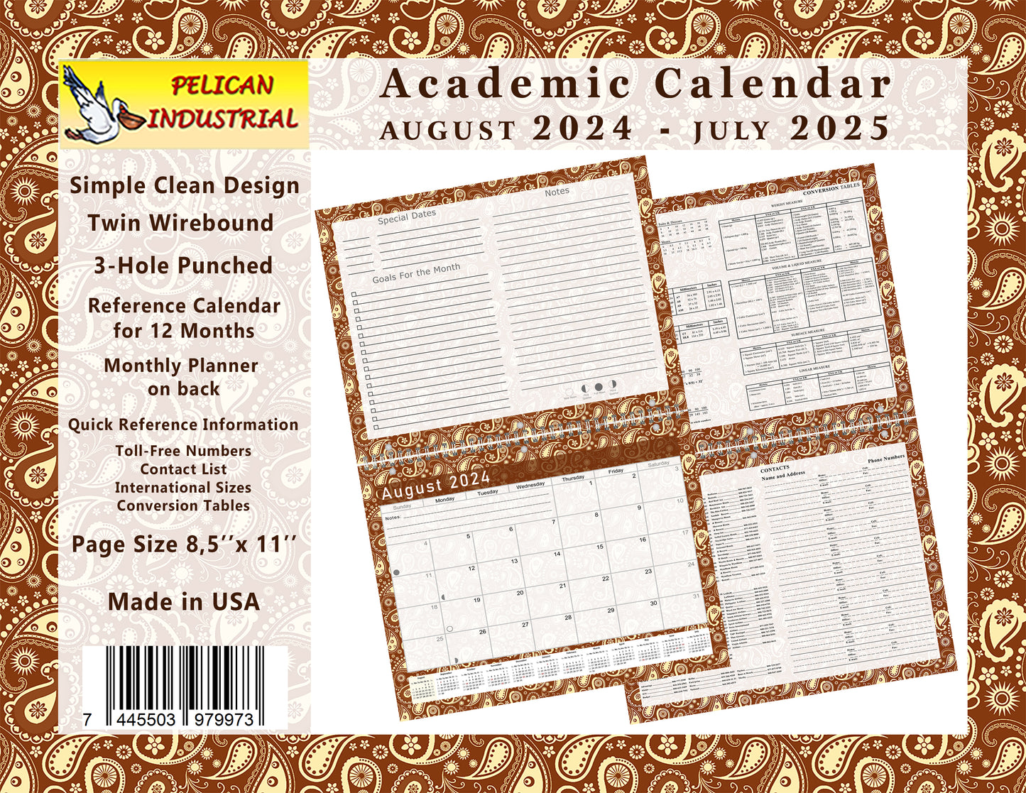 2024-2025 Academic Year 12 Months Student Calendar/Planner for Wall & Desk & 3-Ring Binder, for School, Teacher, Student (Edition #017)