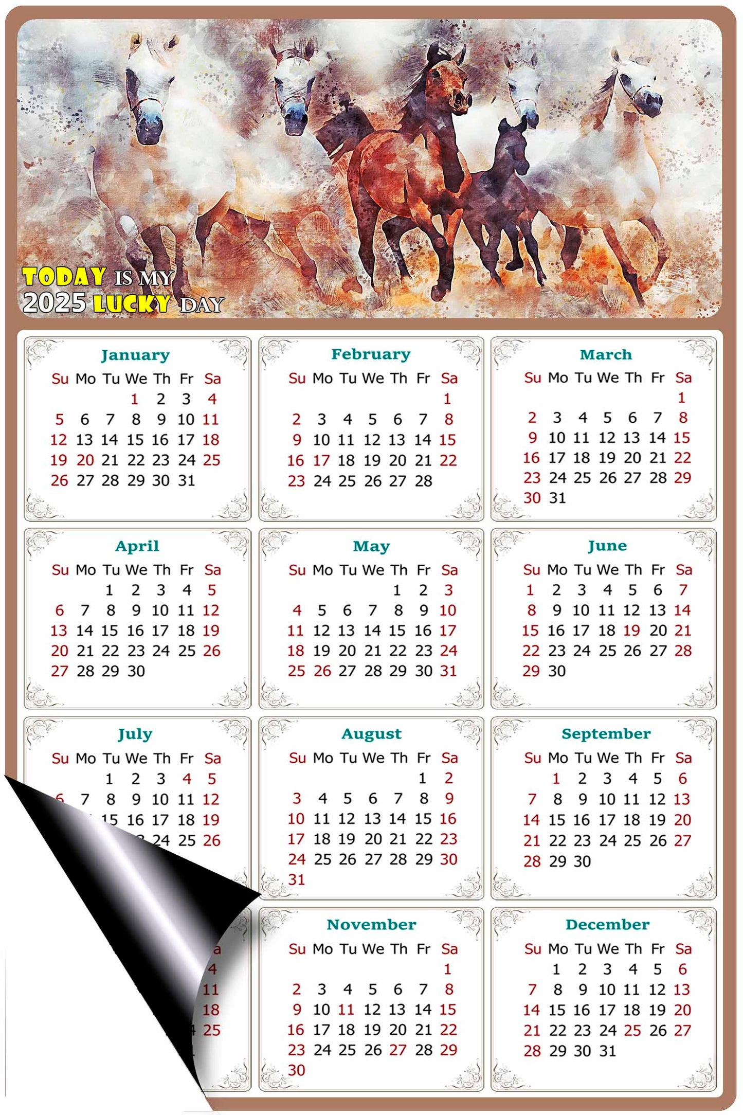 2025 Magnetic Calendar - Calendar Magnets - Today is my Lucky Day - (Fade, Tear, and Water Resistant) - Horses Themed 09