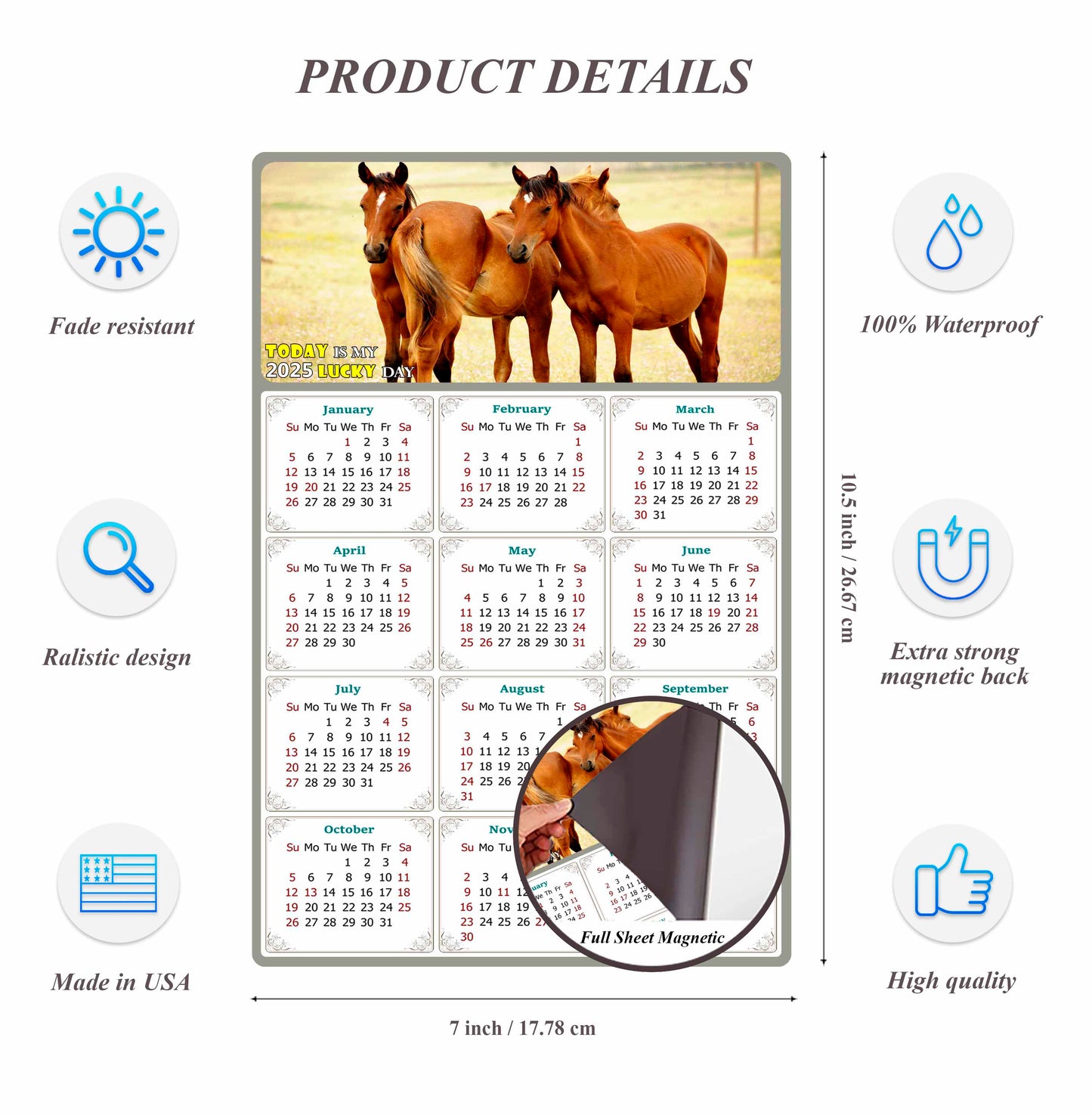 2025 Magnetic Calendar - Calendar Magnets - Today is my Lucky Day - (Fade, Tear, and Water Resistant) - Horses Themed 014