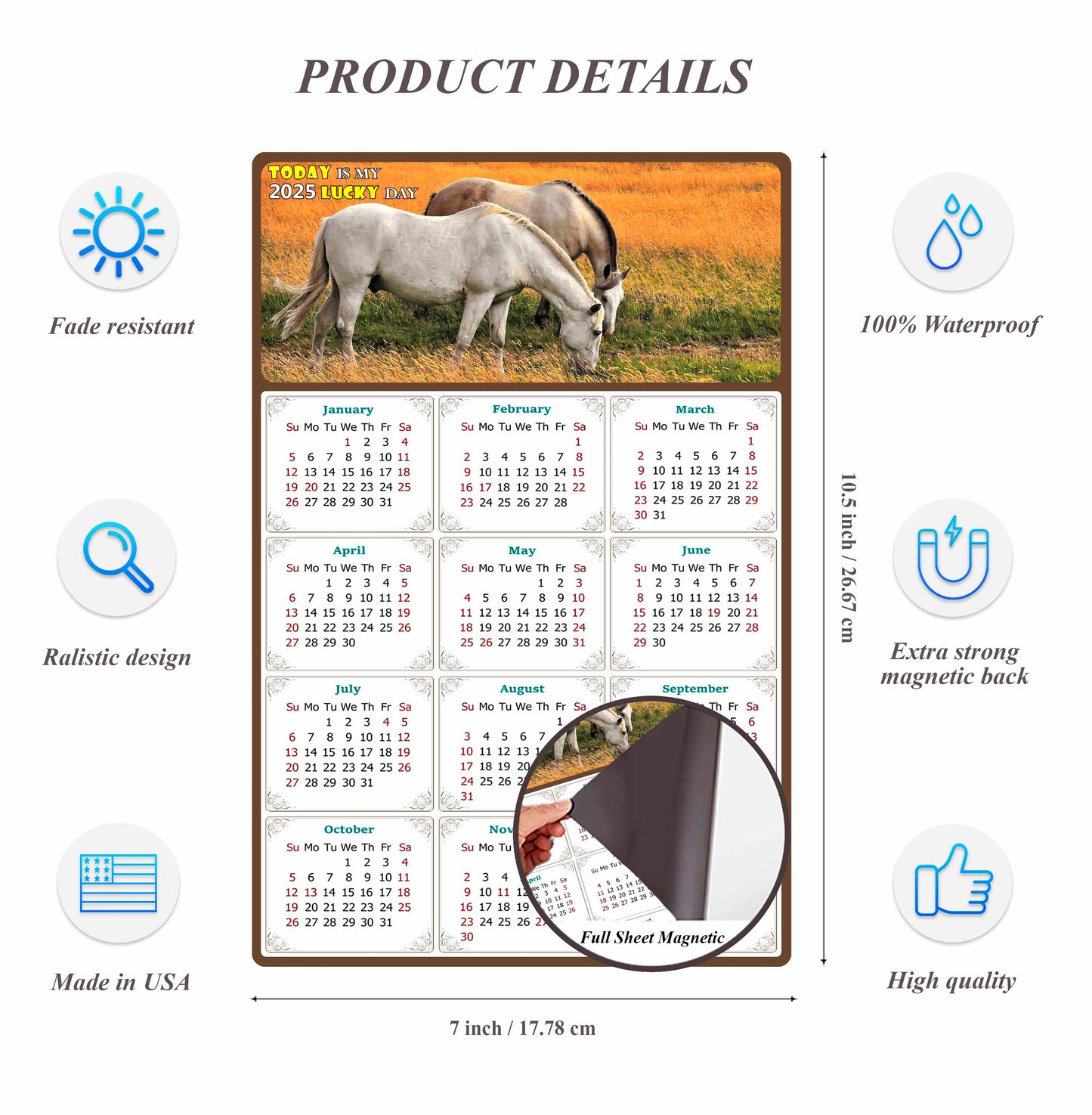 2025 Magnetic Calendar - Calendar Magnets - Today is my Lucky Day - (Fade, Tear, and Water Resistant) - Horses Themed 013