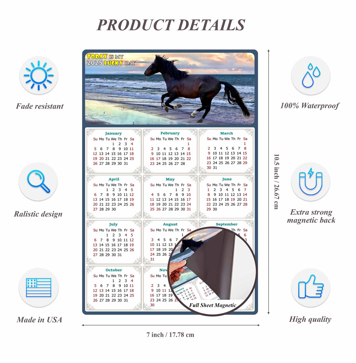 2025 Magnetic Calendar - Calendar Magnets - Today is my Lucky Day - (Fade, Tear, and Water Resistant) - Horses Themed 015