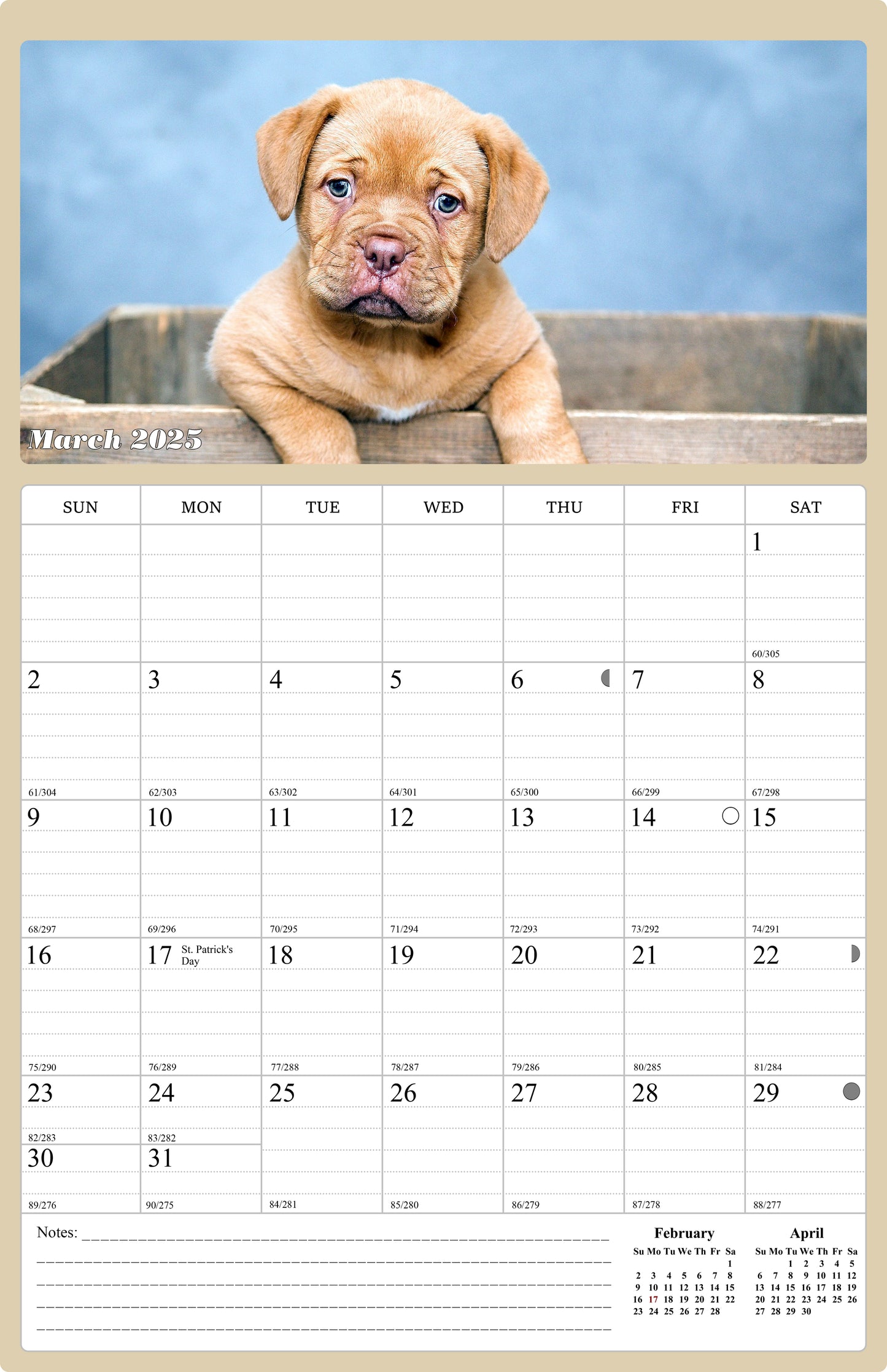 2025 Wall Calendar Spiral-bound Twin-Wire Binding - 12 Months Planner - Large Ruled Blocks with Julian Dates - (Dogs)