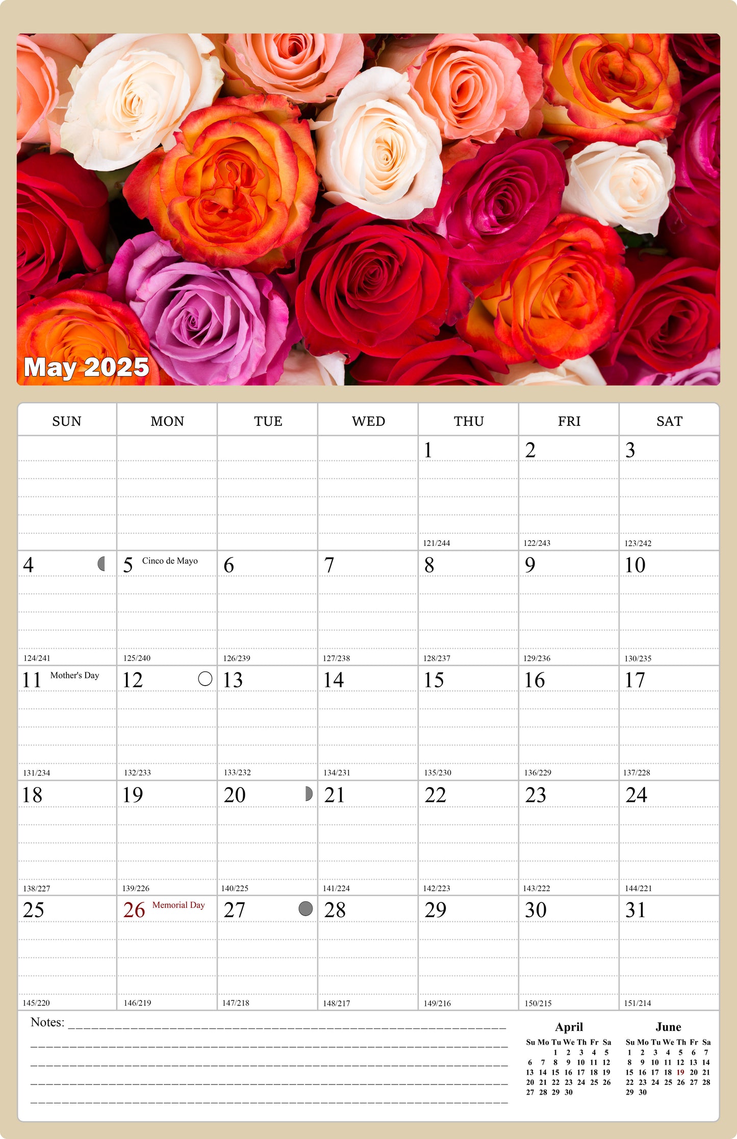 2025 Wall Calendar Spiral-bound Twin-Wire Binding - 12 Months Planner - Large Ruled Blocks with Julian Dates - (Flowers)