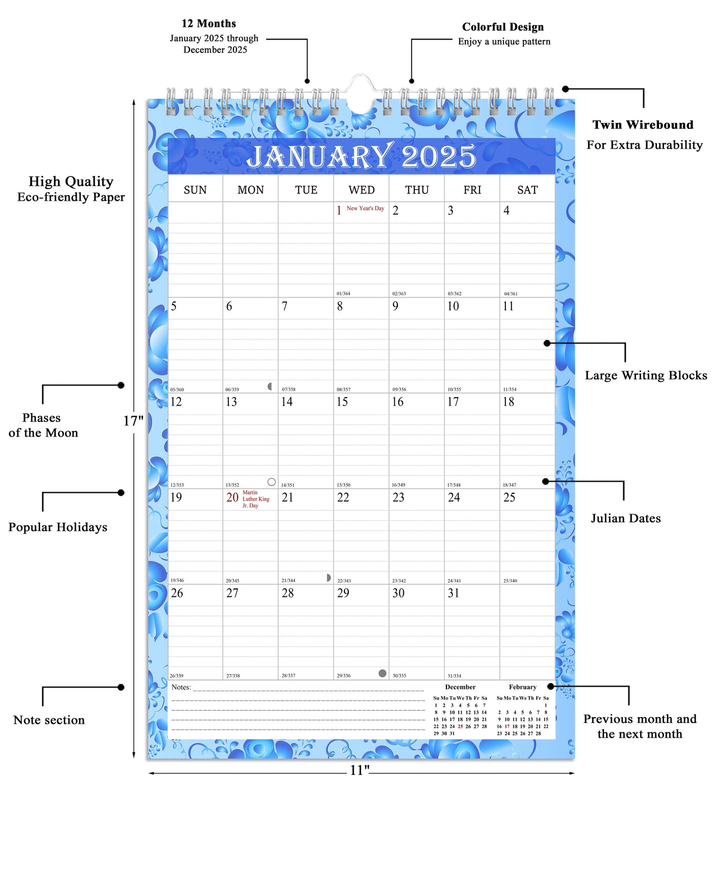 2025 Wall Calendar Spiral-Bound Twin-Wire Binding - 12 Months  15