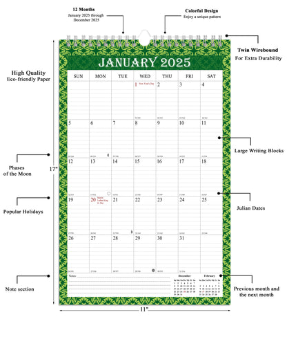 2025 Wall Calendar Spiral-Bound Twin-Wire Binding - 12 Months  13