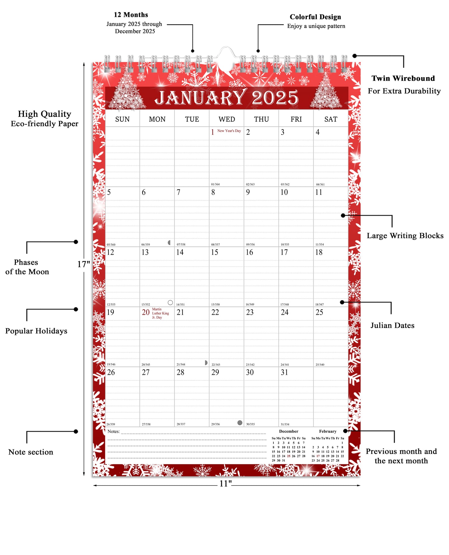 2025 Wall Calendar Spiral-Bound Twin-Wire Binding - 12 Months  12 (Holidays)