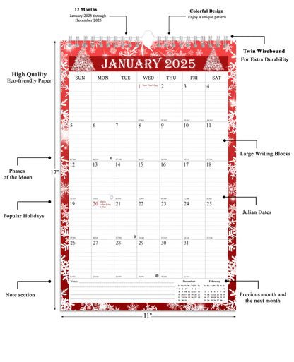 2025 Wall Calendar Spiral-Bound Twin-Wire Binding - 12 Months  12 (Holidays)