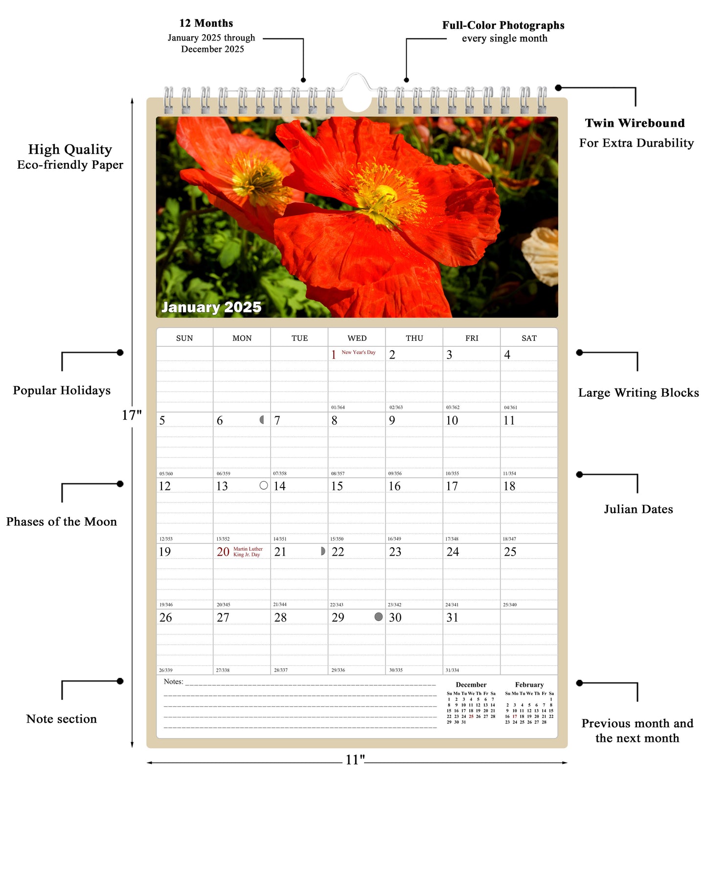 2025 Wall Calendar Spiral-bound Twin-Wire Binding - 12 Months Planner - Large Ruled Blocks with Julian Dates - (Flowers)