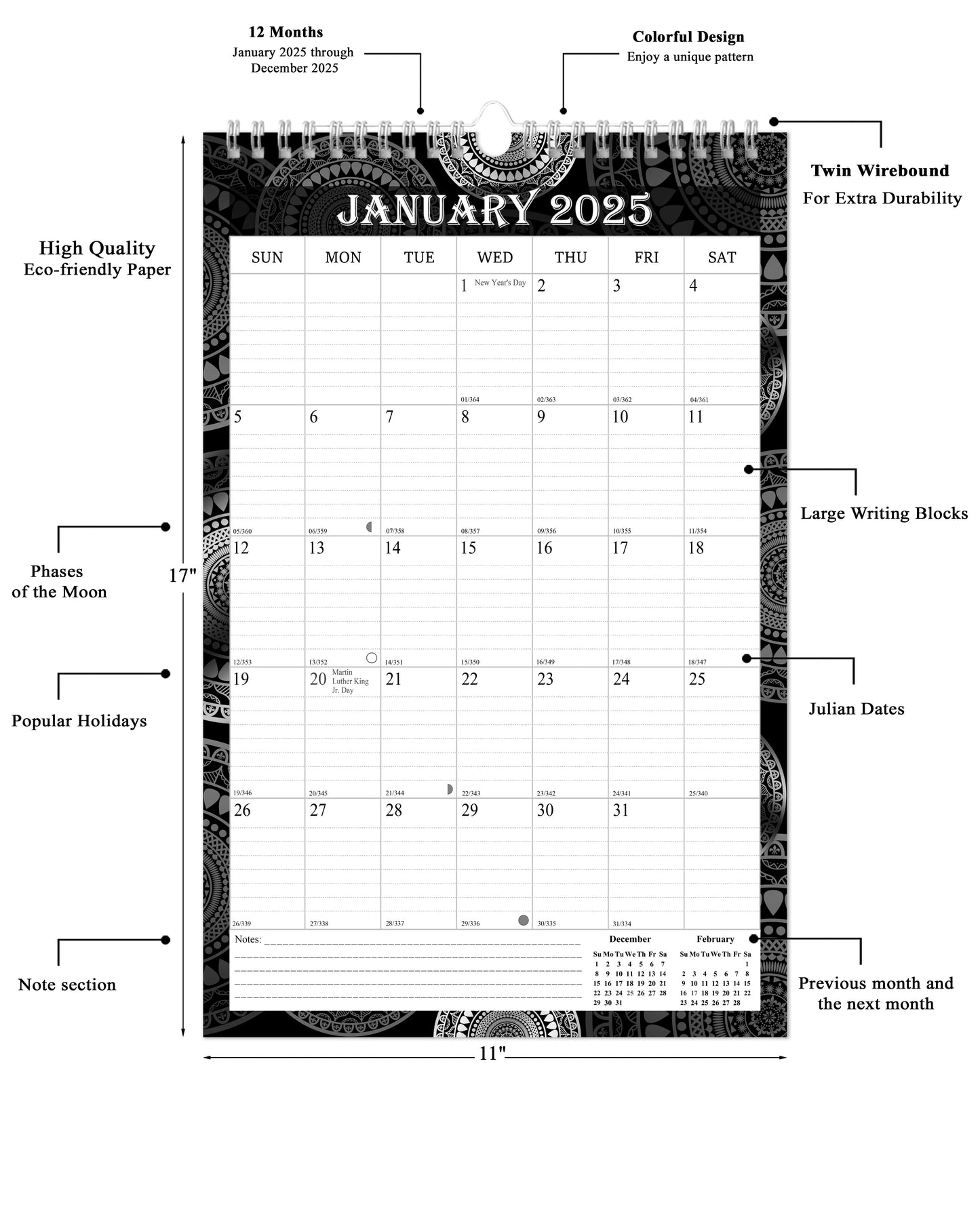 2025 Wall Calendar Spiral-Bound Twin-Wire Binding - 12 Months  09 B&W