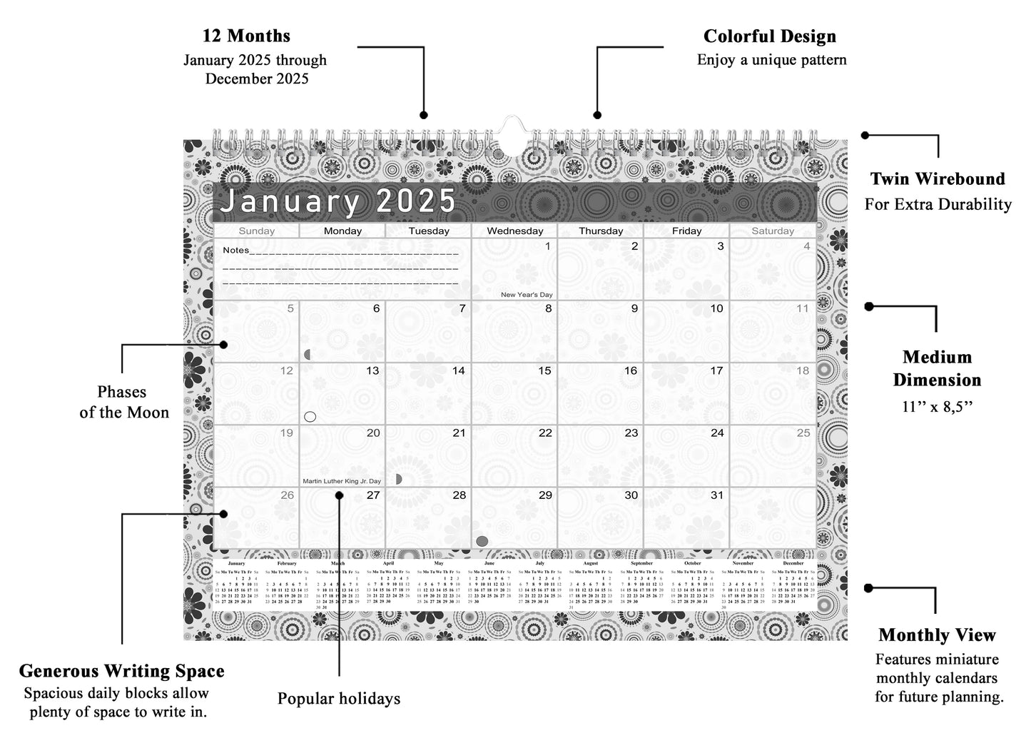 2024-2025 Monthly Spiral-Bound Wall/Desk Calendar - Desktop/Wall Blotter Calendar/Planner - (Edition B&W #020)