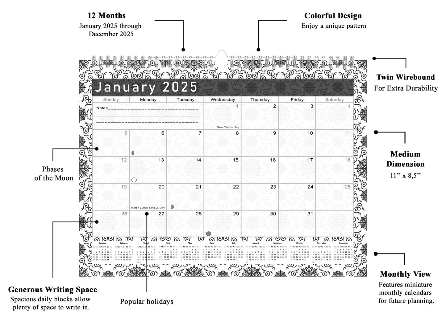 2024-2025 Monthly Spiral-Bound Wall/Desk Calendar - Desktop/Wall Blotter Calendar/Planner - (Edition B&W #014)