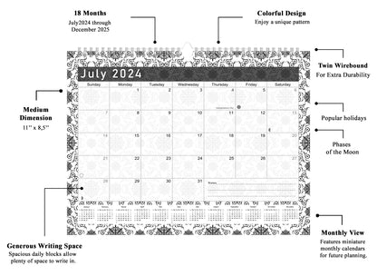 2024-2025 Monthly Spiral-Bound Wall/Desk Calendar - Desktop/Wall Blotter Calendar/Planner - (Edition B&W #014)