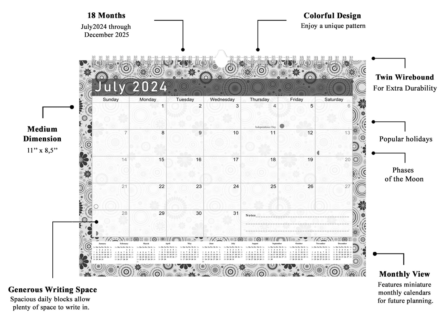 2024-2025 Monthly Spiral-Bound Wall/Desk Calendar - Desktop/Wall Blotter Calendar/Planner - (Edition B&W #020)