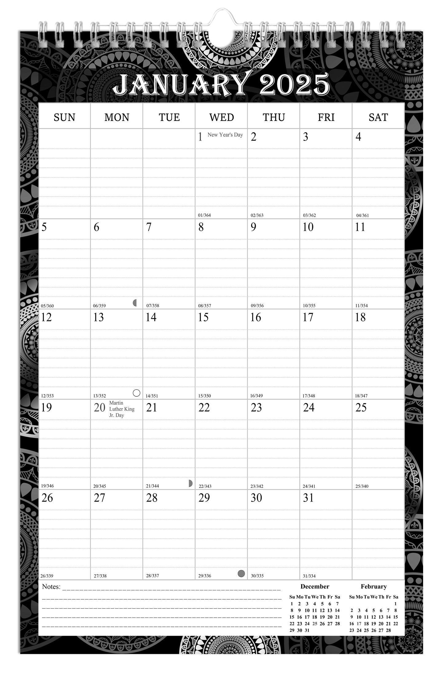 2025 Wall Calendar Spiral-Bound Twin-Wire Binding - 12 Months  09 B&W