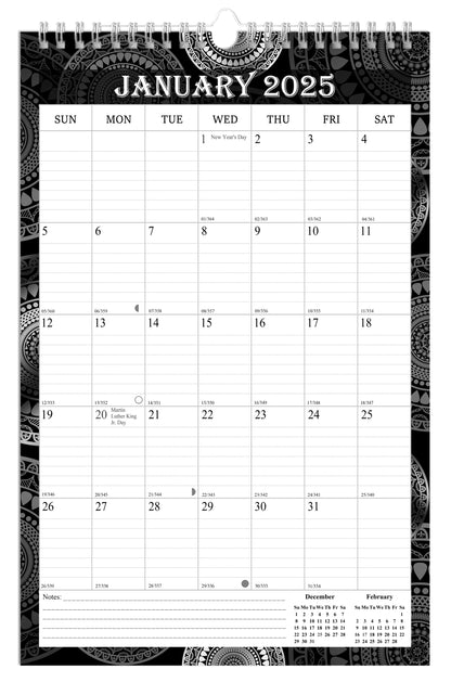 2025 Wall Calendar Spiral-Bound Twin-Wire Binding - 12 Months  09 B&W