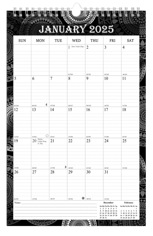 2025 Wall Calendar Spiral-Bound Twin-Wire Binding - 12 Months  09 B&W