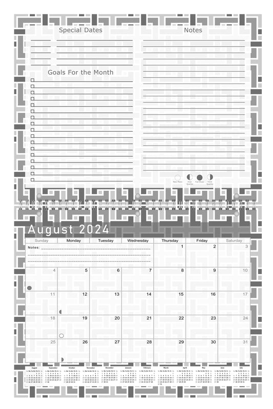 2024-2025 Academic Year 12 Months Student Calendar/Planner for Wall & Desk & 3-Ring Binder, for School, Teacher, Student - Back&White - (Edition #014)