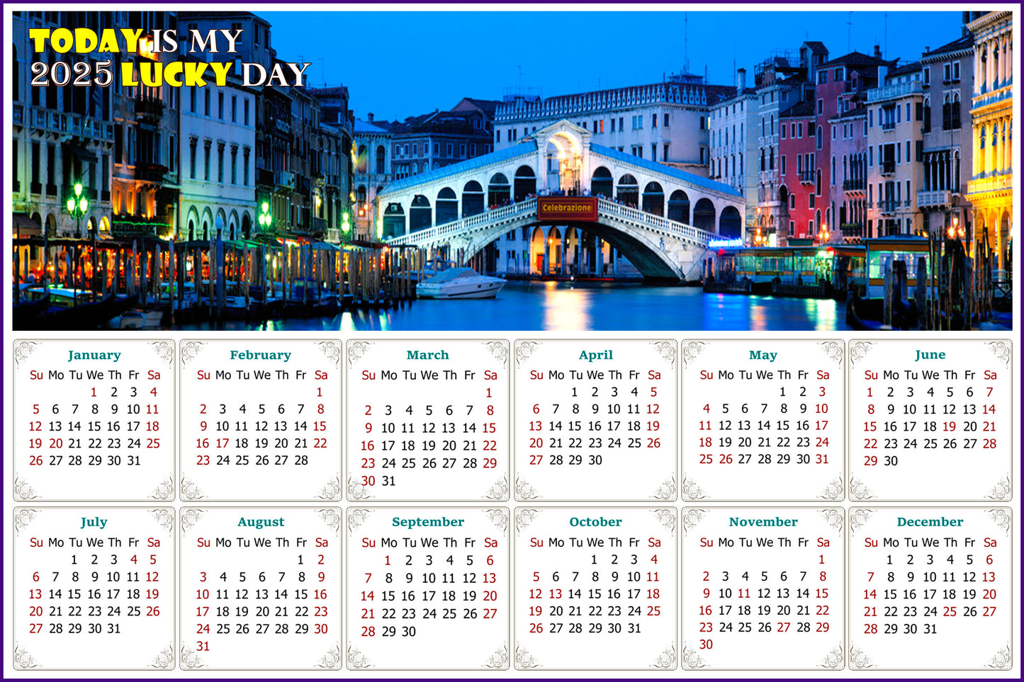 2025 Magnetic Calendar - Calendar Magnets - Today is My Lucky Day - Nightlife on The Canal