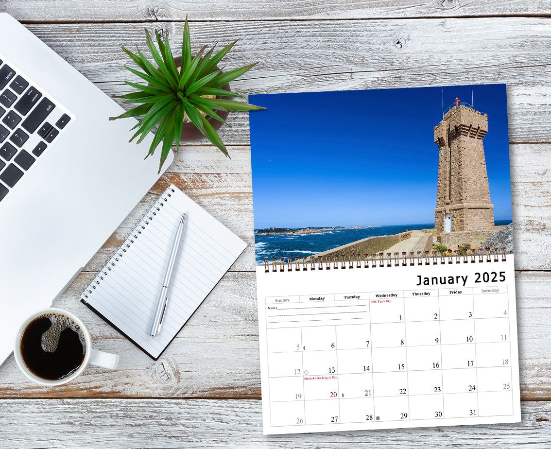 2025 Spiral-bound Wall Calendar (Lighthouses) - 12 Months Desktop/Wall Calendar/Planner