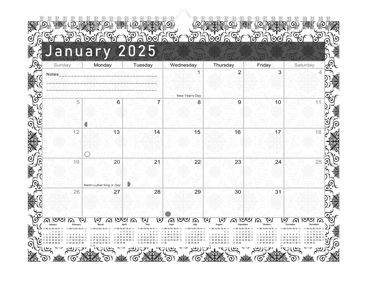 2024-2025 Monthly Spiral-Bound Wall/Desk Calendar - Desktop/Wall Blotter Calendar/Planner - (Edition B&W #014)