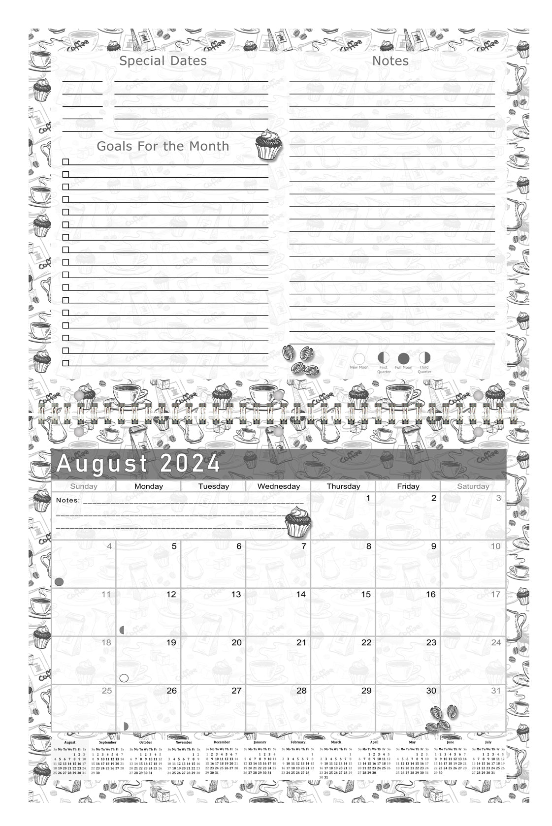 2024-2025 Academic Year 12 Months Student Calendar/Planner for Wall & Desk & 3-Ring Binder, for School, Teacher, Student - Black&White - (Edition #026)