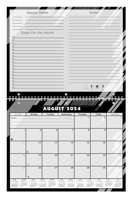 2024-2025 Academic Year 12 Months Student Calendar/Planner for Wall & Desk & 3-Ring Binder, for School, Teacher, Student - Black&White - (Edition #012)