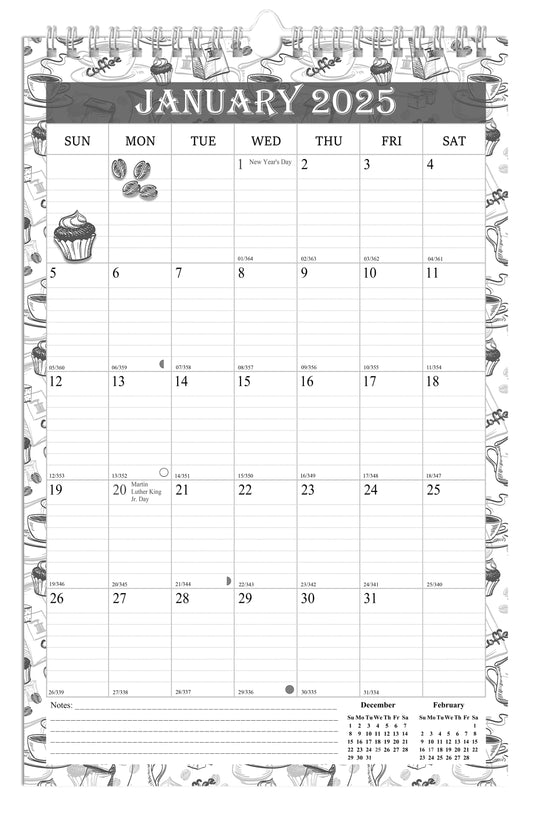 2025 Wall Calendar Spiral-Bound Twin-Wire Binding - 12 Months 010 B&W