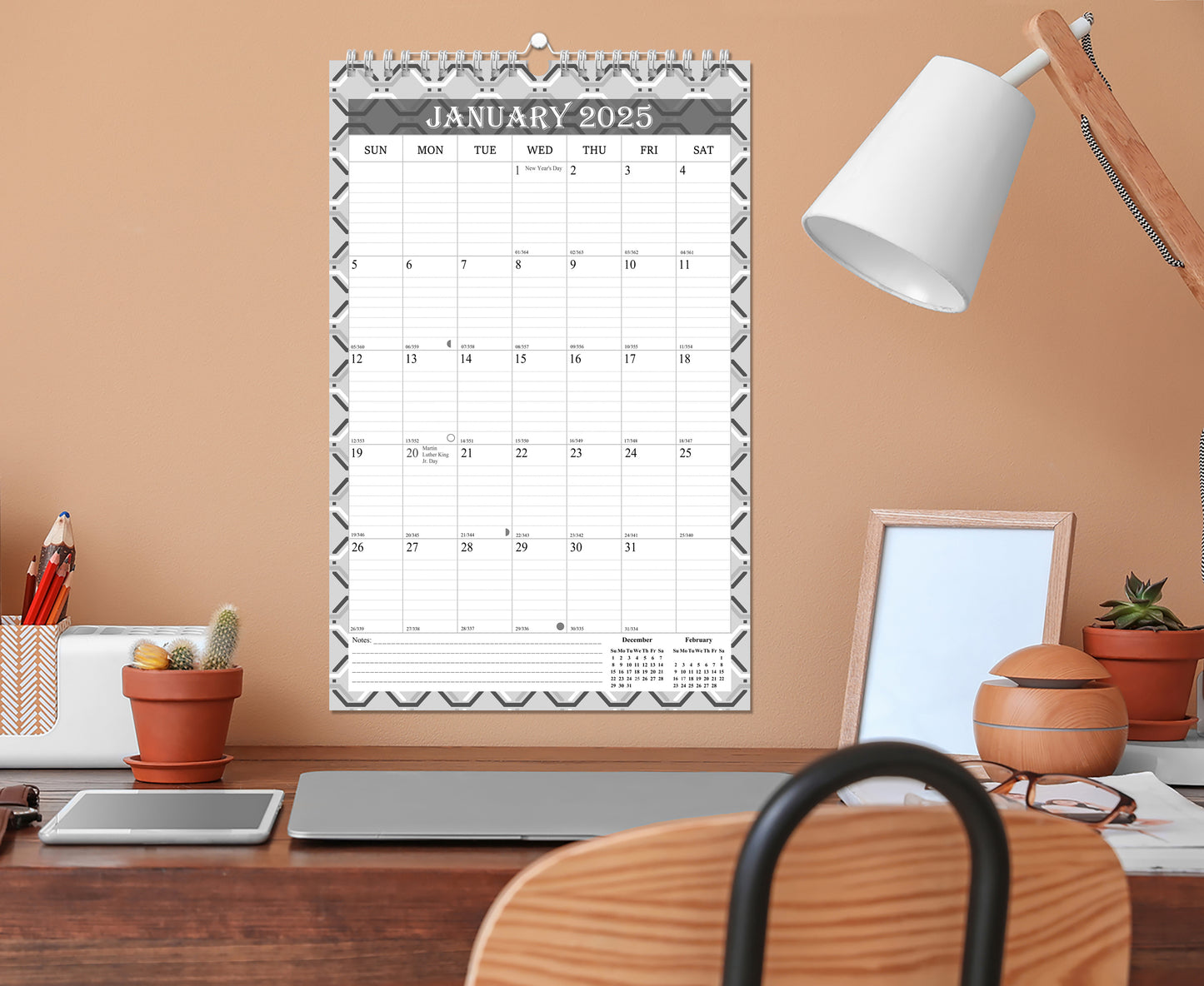 2025 Wall Calendar Spiral-Bound Twin-Wire Binding - 12 Months 03 B&W