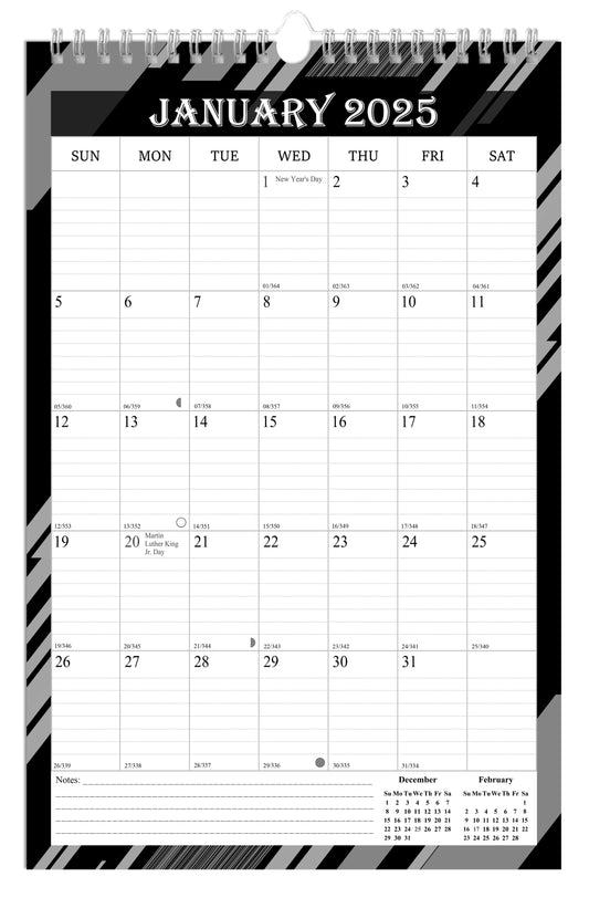 2025 Wall Calendar Spiral-Bound Twin-Wire Binding - 12 Months  08 B&W