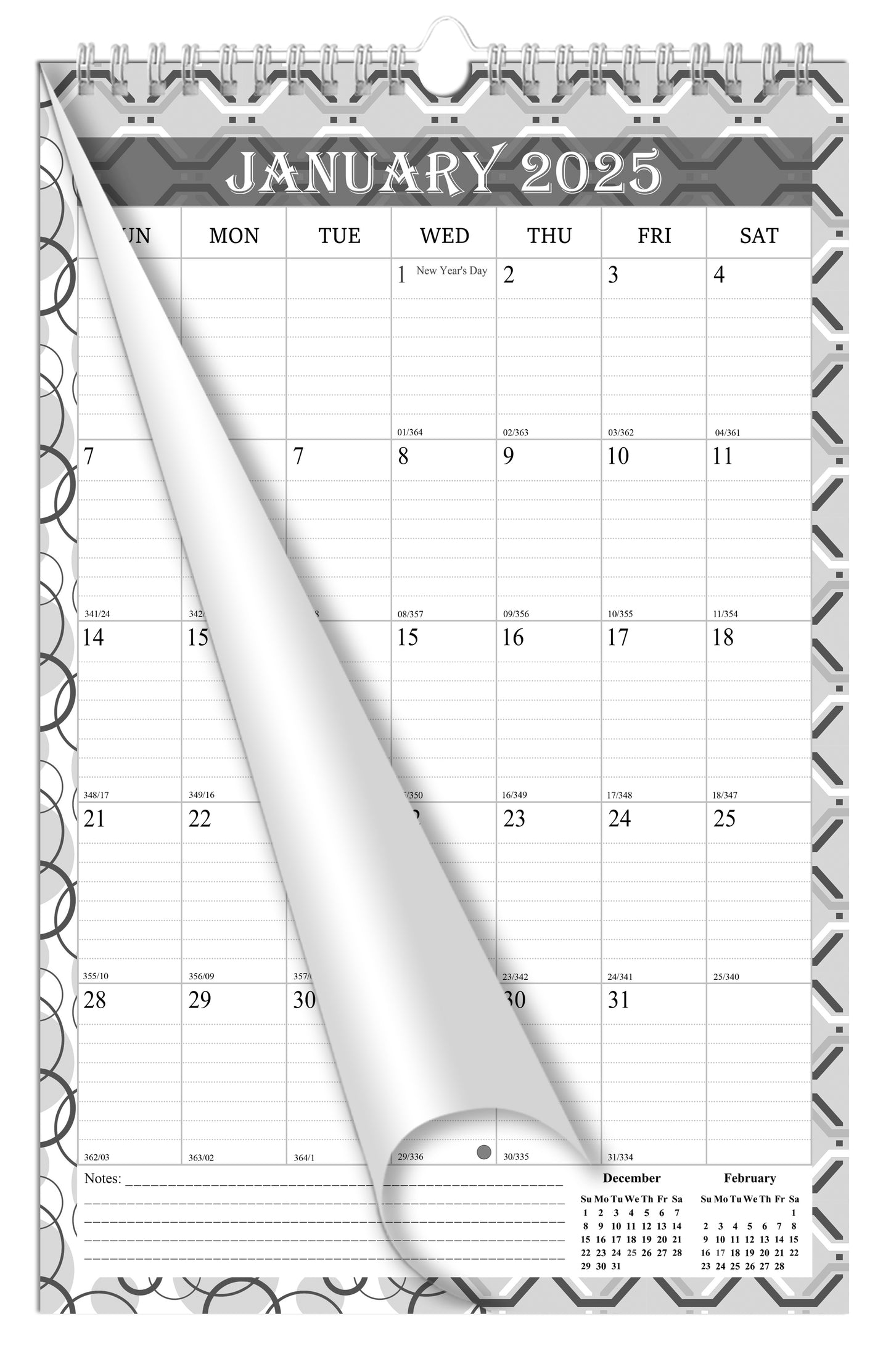 2025 Wall Calendar Spiral-Bound Twin-Wire Binding - 12 Months 03 B&W