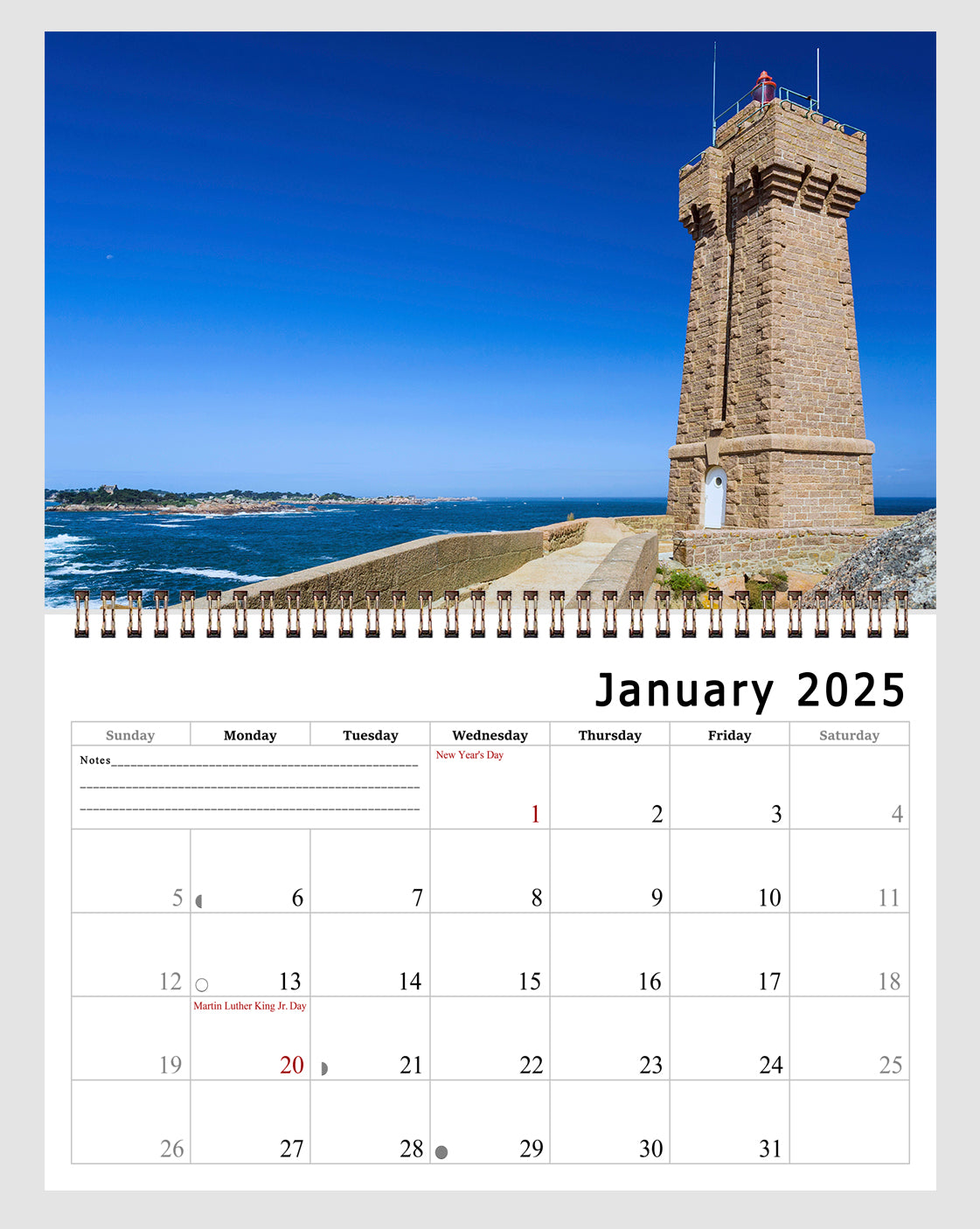 2025 Spiral-bound Wall Calendar (Lighthouses) - 12 Months Desktop/Wall Calendar/Planner