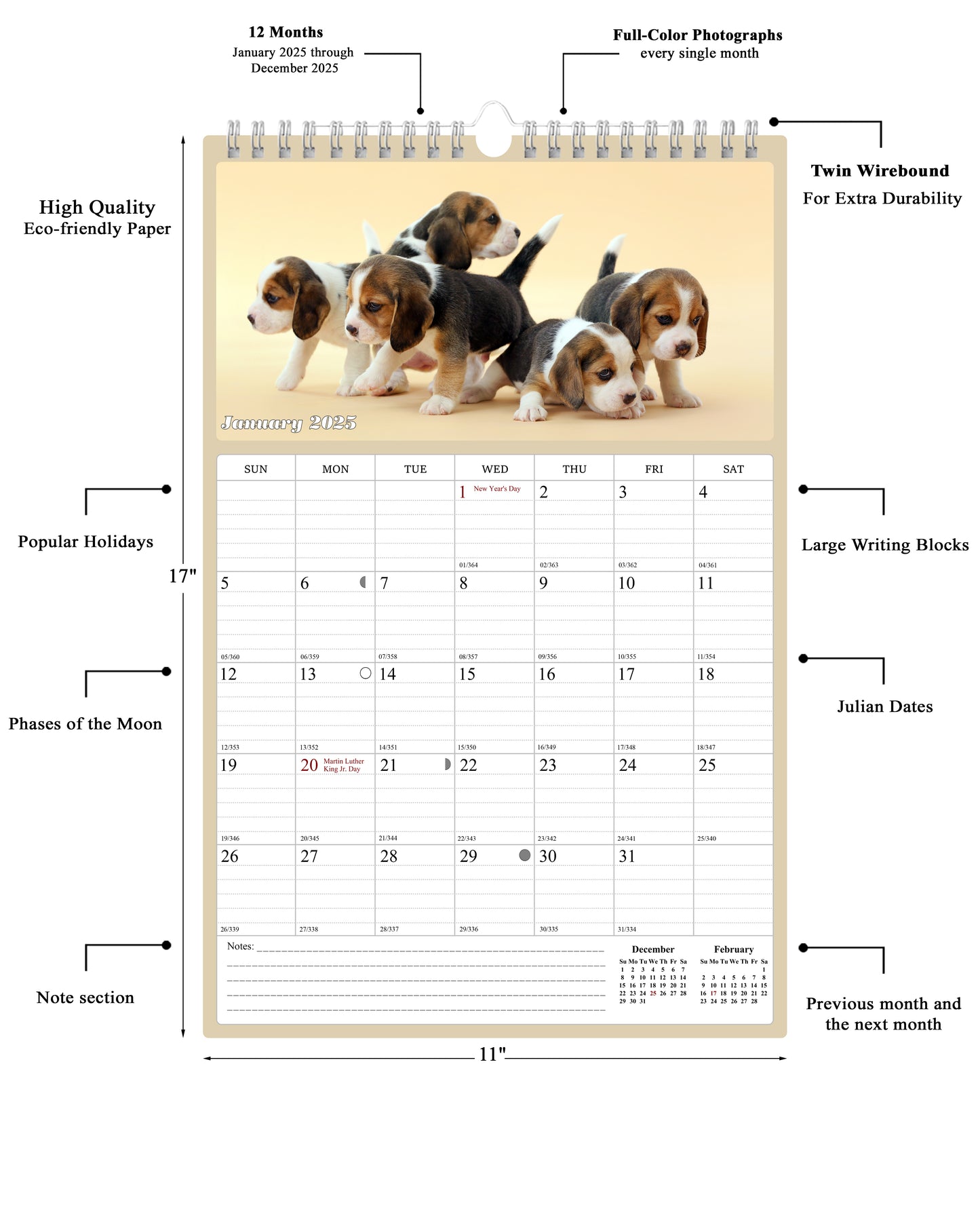 2025 Wall Calendar Spiral-bound Twin-Wire Binding - 12 Months Planner - Large Ruled Blocks with Julian Dates - (Dogs)