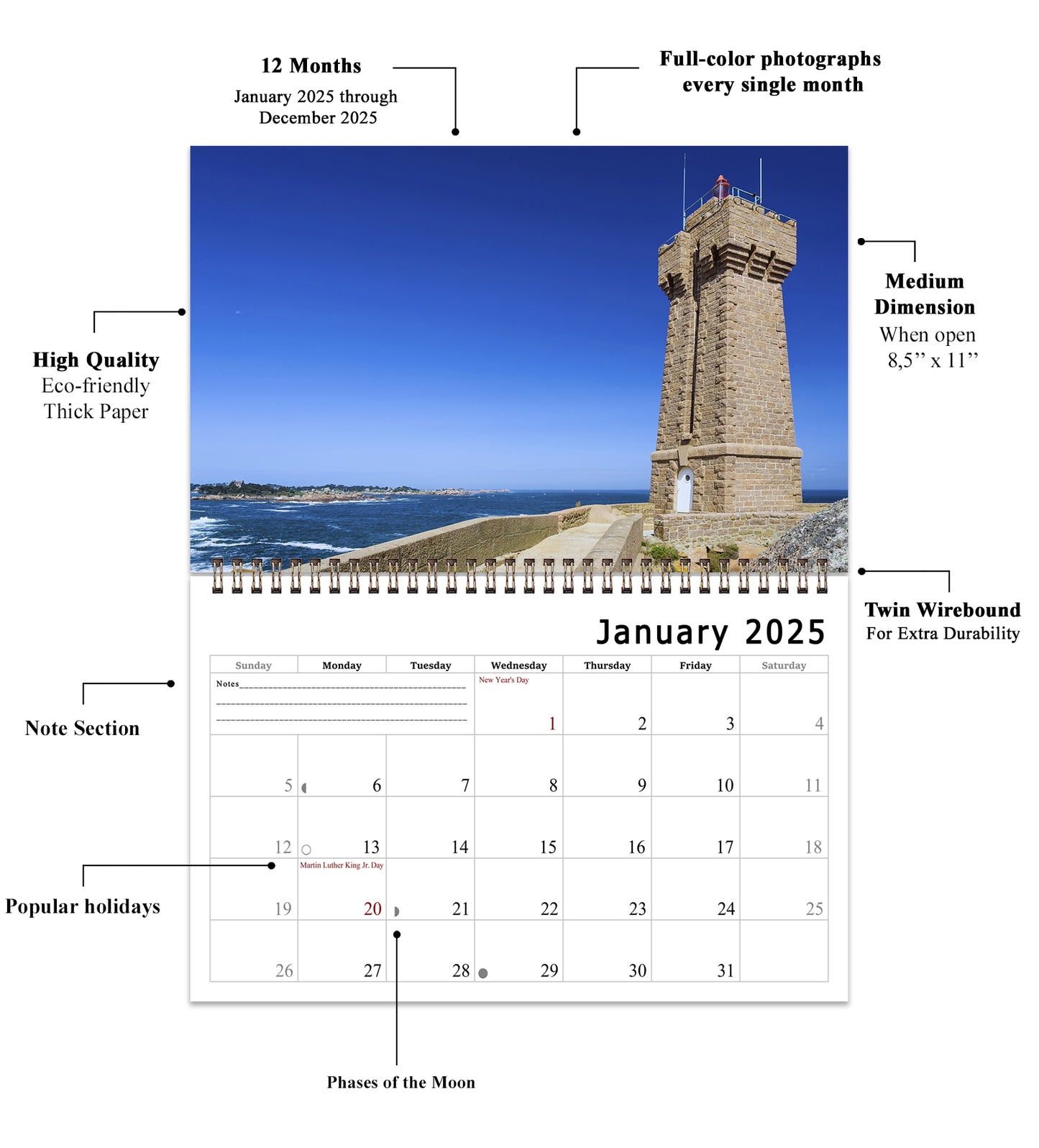 2025 Spiral-bound Wall Calendar (Lighthouses) - 12 Months Desktop/Wall Calendar/Planner