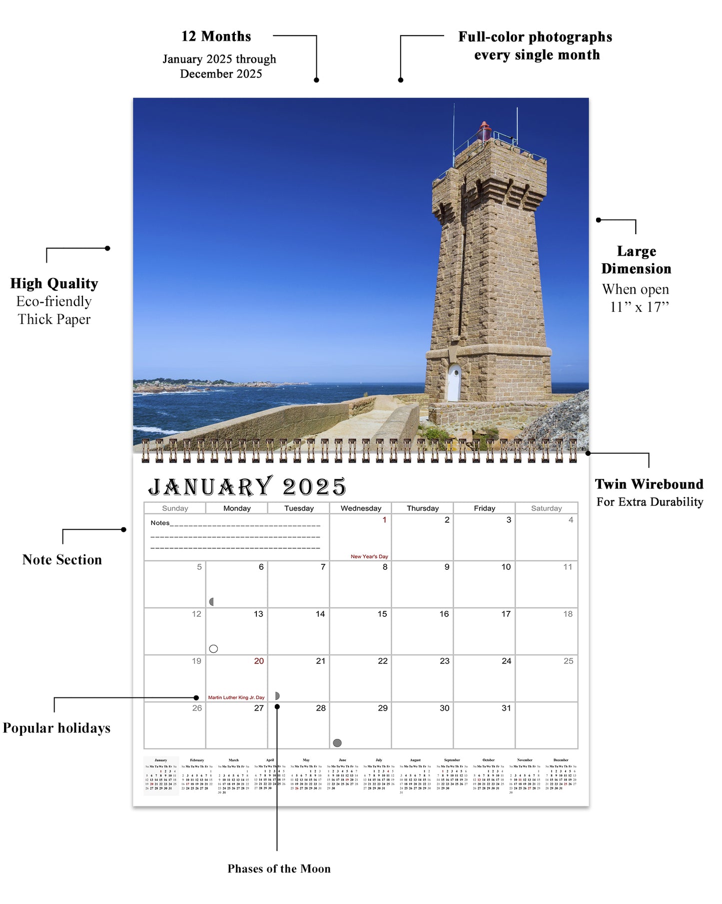 2025 Spiral-bound Wall Calendar (Lighthouses) - 12 Months Desktop/Wall Calendar/Planner