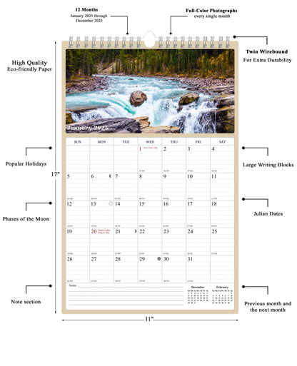 2025 Wall Calendar Spiral-bound Twin-Wire Binding - 12 Months Planner - Large Ruled Blocks with Julian Dates - (The Great Outdoors)