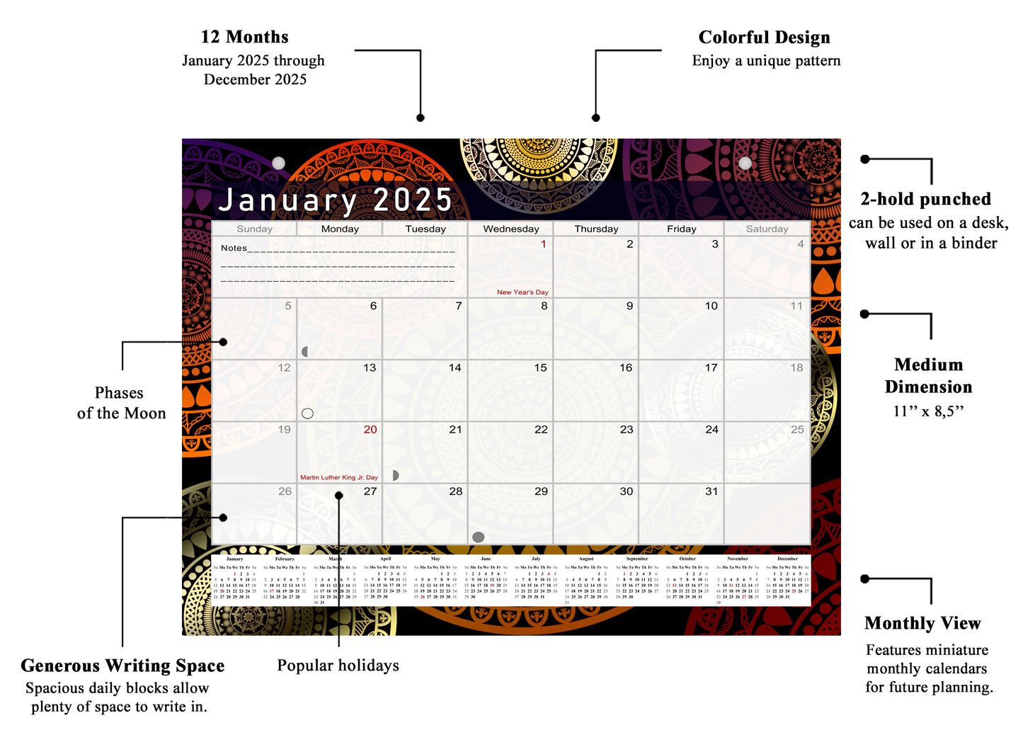 2024 - 2025 Student Calendar/Planner for 3-Ring Binder, Desk, or Wall - v012