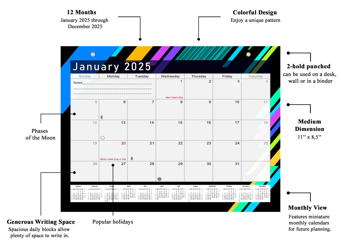 2024 - 2025 Student Calendar/Planner for 3-Ring Binder, Desk, or Wall - v013