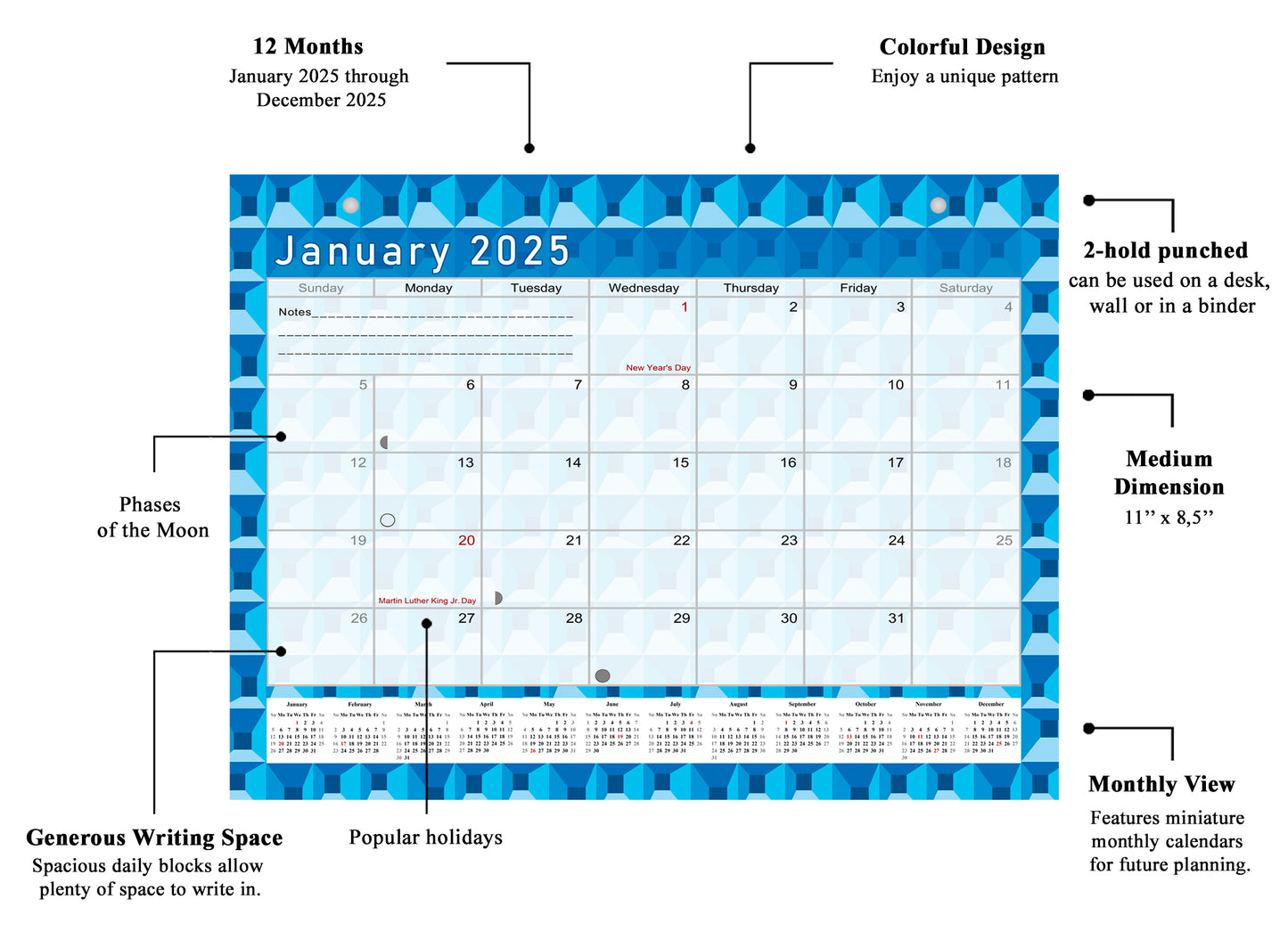 2024 - 2025 Student Calendar/Planner for 3-Ring Binder, Desk, or Wall - v003