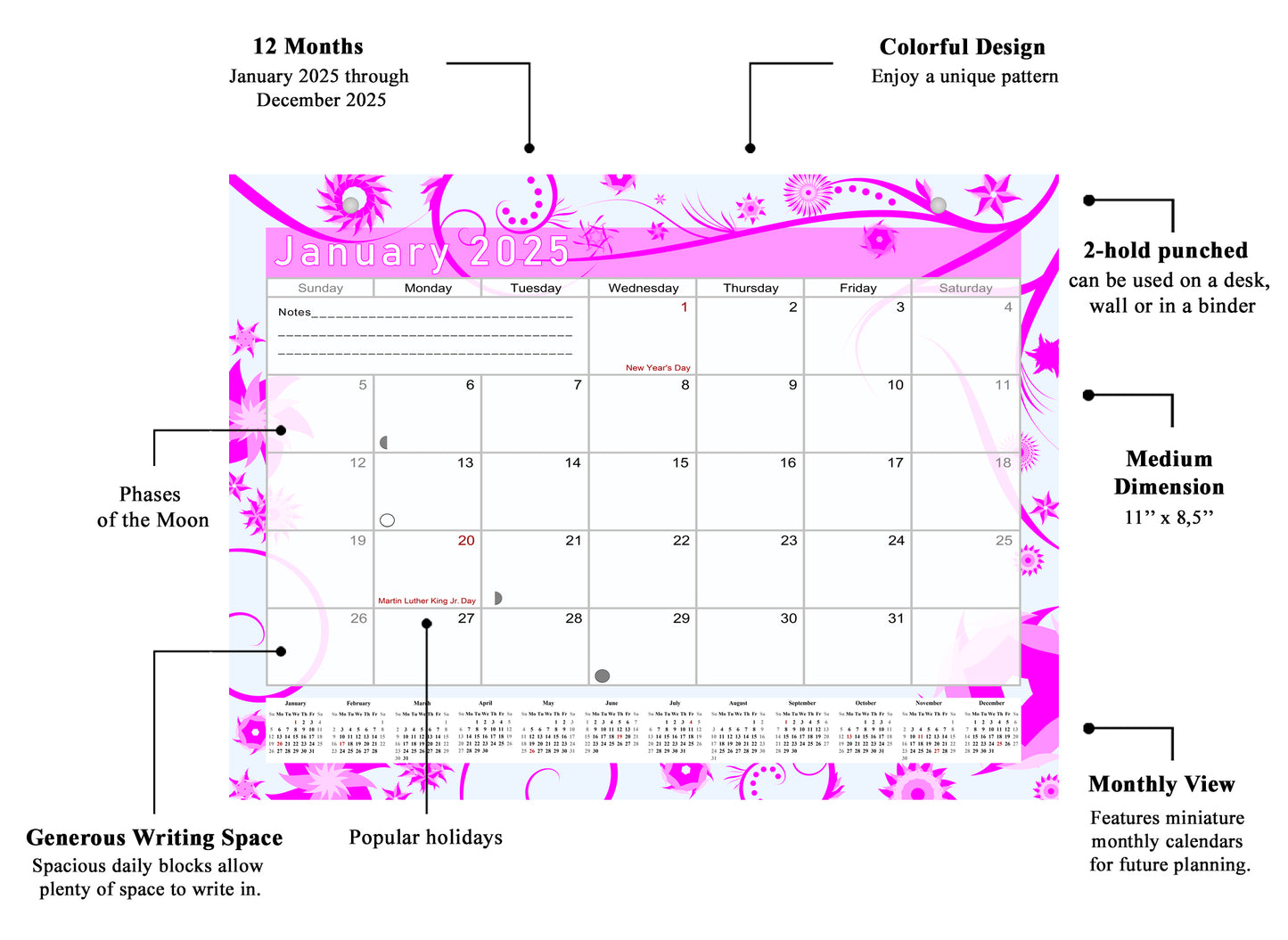 2024 - 2025 Student Calendar/Planner for 3-Ring Binder, Desk, or Wall - v010