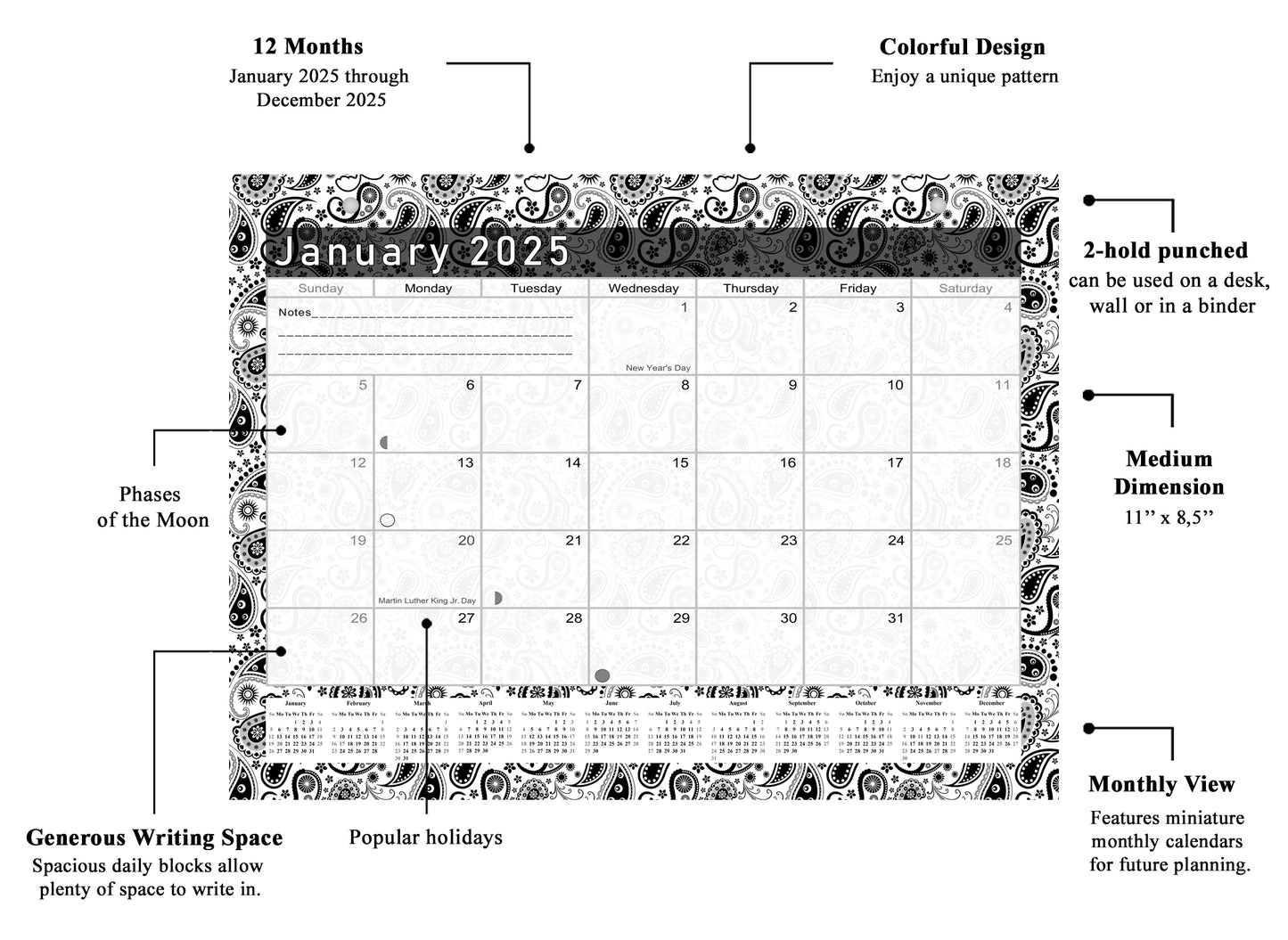 2024 - 2025 Student Calendar/Planner for 3-Ring Binder, Desk, or Wall - v011