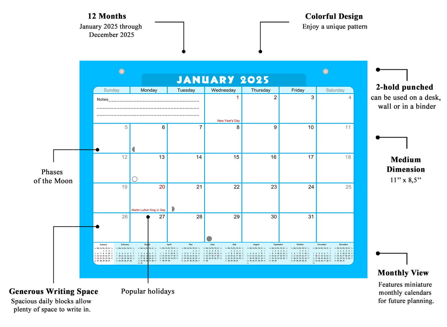 2024 - 2025 Student Calendar/Planner for 3-Ring Binder, Desk, or Wall - v007