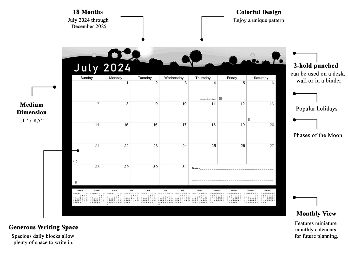 2024 - 2025 Student Calendar/Planner for 3-Ring Binder, Desk, or Wall - v015