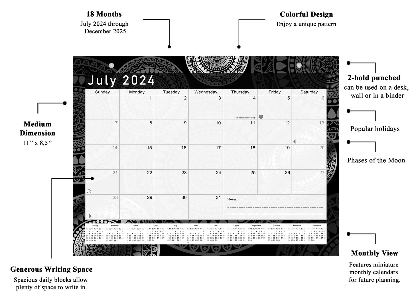 2024 - 2025 Student Calendar/Planner for 3-Ring Binder, Desk, or Wall - Black&White -v012