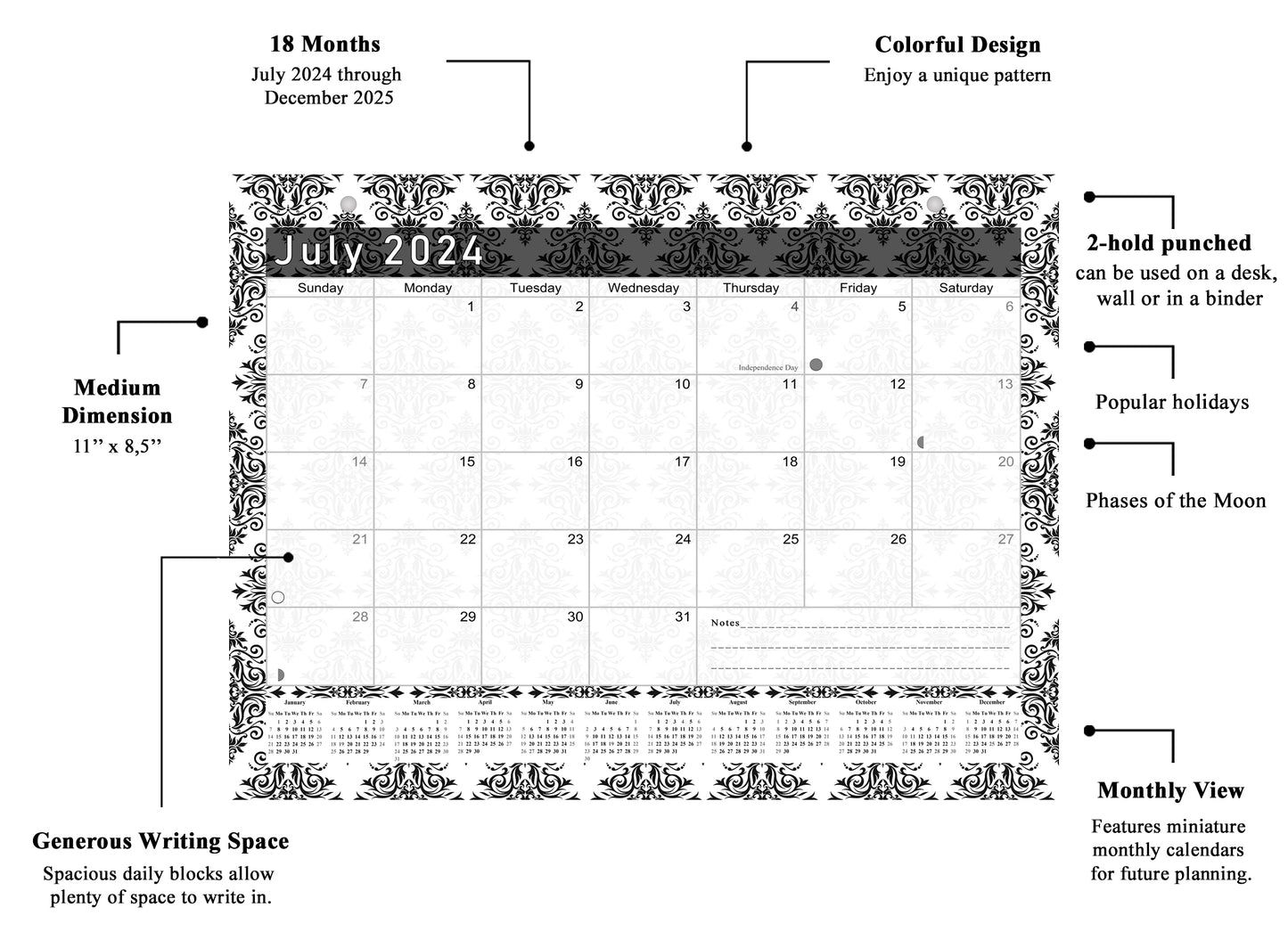 2024 - 2025 Student Calendar/Planner for 3-Ring Binder, Desk, or Wall - v008