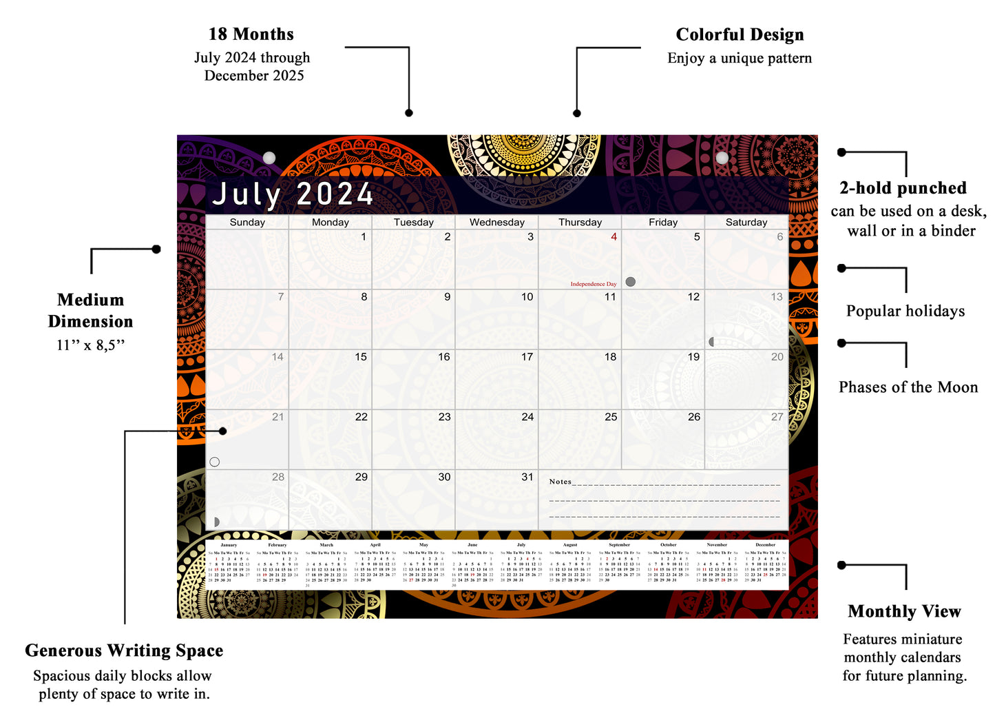 2024 - 2025 Student Calendar/Planner for 3-Ring Binder, Desk, or Wall - v012