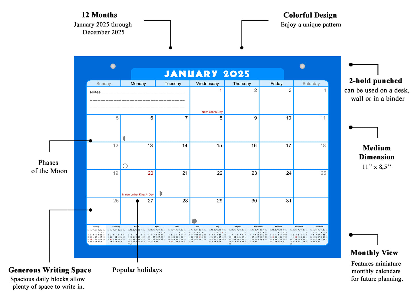 2024 - 2025 Student Calendar/Planner for 3-Ring Binder, Desk, or Wall - v006