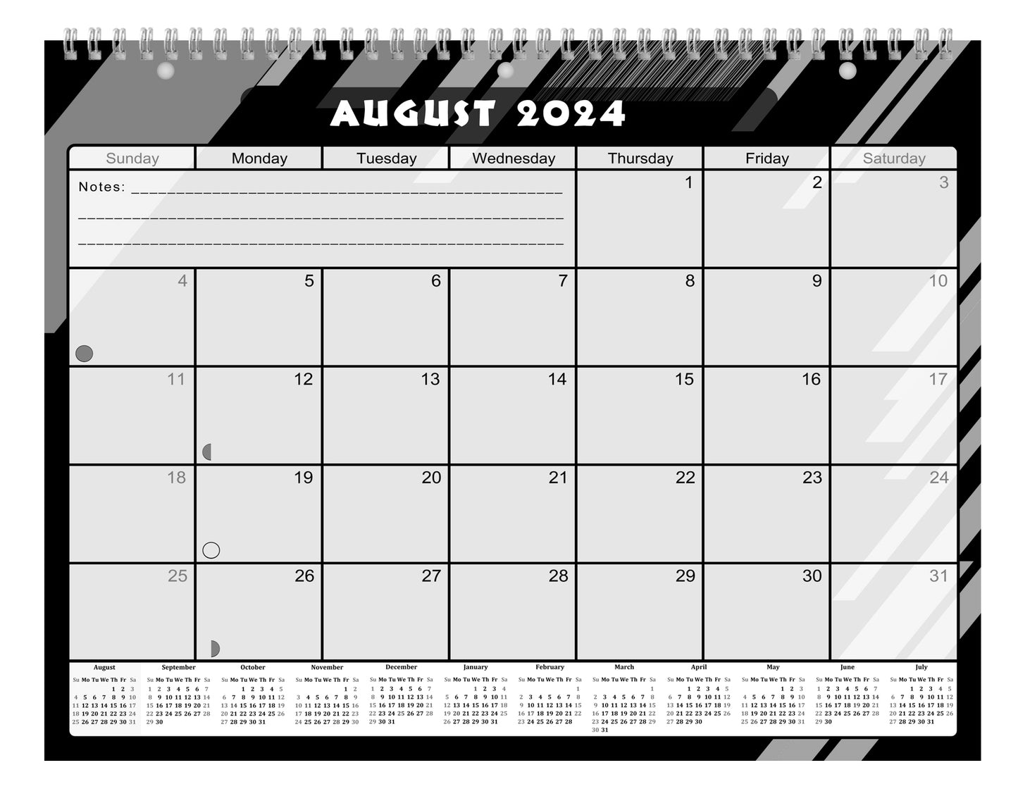 2024-2025 Academic Year 12 Months Student Calendar/Planner for Wall & Desk & 3-Ring Binder, for School, Teacher, Student - Black&White - (Edition #012)