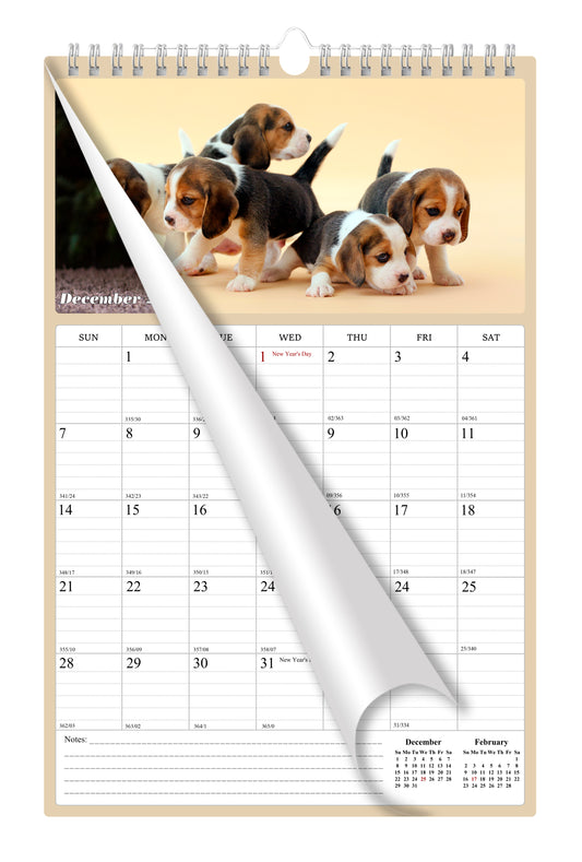 2025 Wall Calendar Spiral-bound Twin-Wire Binding - 12 Months Planner - Large Ruled Blocks with Julian Dates - (Dogs)