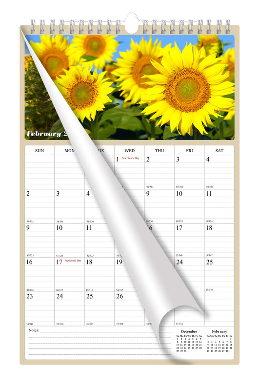 2025 Wall Calendar Spiral-bound Twin-Wire Binding - 12 Months Planner - Large Ruled Blocks with Julian Dates - (Sunflowers)